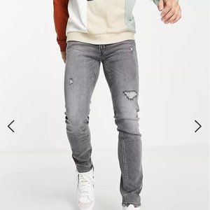 Jack & Jones Intelligence Liam Skinny Fit Jeans In Gray With Small Rips